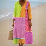 Fátima - Vestido de Patchwork Colorido com Bolinhas e Listras